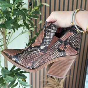 Vince Camuto Snake Skin Embossed Leather Block Heel Bootie Brown and Black Size7